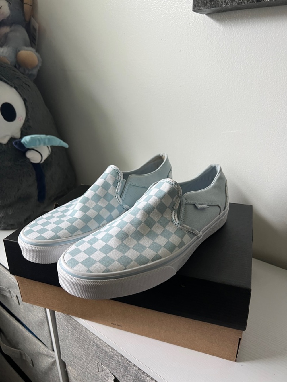 NWOT Light Blue Checkerboard Vans Slip-On Sneakers